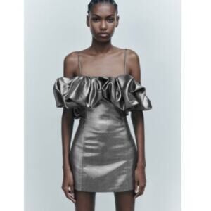 Zara Metallic Chrome Silver Spaghetti Strap Mini Dress Ruffle Neckline Medium